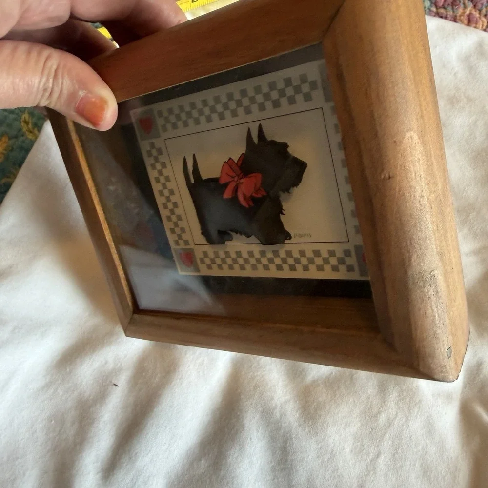 Vintage Scottie Dog Shadow Box Wall Art 4x6 Wood Frame Red Bow Hearts Folk Art